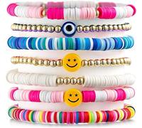 A1DIEE 7 unidades de pulseras apilables de colores con texto "Happy Smile Evil Eyes", pulseras elásticas Y2K hechas a mano para niñas, verano, bohemias, regalos de cumpleaños, fiestas
