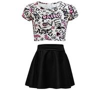 A2Z 4 Kids Girls Love - Conjunto de camiseta corta con estampado de graffiti y falda patinadora negra para 7, 8, 9, 10, 11, 12, 13 años, Conjunto de top corto y falda, 11-12 años