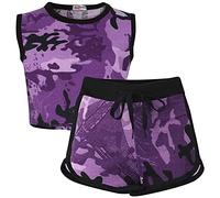 A2Z 4 Niños Niñas Top Corto Shorts Conjunto Contraste Cinta Moderno Informal - Shorts Set 480 Camo Purple 7-8
