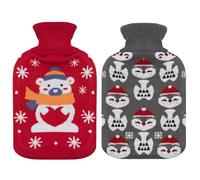 A2Z Paquete de 2 botellas de agua caliente de Navidad, Papá Noel, pingüino, oso polar, funda de forro polar suave, 2 litros, duradera, a prueba de fugas, botella de regalo de Navidad, alivio del
