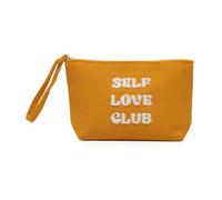 A2Z Self Love Club - Bolsa de pana para mujeres y niñas, bolsa de maquillaje con textura suave y estuche de aseo de viaje con correa para la muñeca, elegante colores mostaza y azul marino para ella