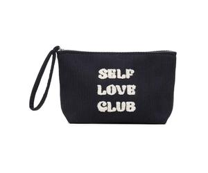 A2Z Self Love Club - Bolsa de pana para mujeres y niñas, bolsa de maquillaje con textura suave y estuche de aseo de viaje con correa para la muñeca, elegante colores mostaza y azul marino para ella