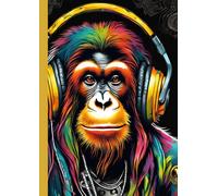 A4 Steam Punked Notebook - Multi Coloured Orangutan with headphones on Black: lined paper 106 pages