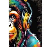 A4 Steam Punked Notebook - Multi Coloured wraparound Orangutan with headphones on Black: lined paper 106 pages