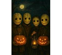 A5 (5.8 x 8.3 in) 100 page lined notebook - kids in masks holding pumpkins and lanterns Halloween scene