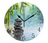 AABAO Reloj de pared redondo con piedras zen y bambú, pintura al óleo silenciosa sin tictac para dormitorio, sala de estar, oficina, escuela, decoración del hogar