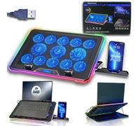 AABCOOLING Quantum - Base Refrigeradora Portatil con Soporte para Teléfono, 13 Ventiladores Silenciosos y Eficientes, 9 Ajustable Alturas, Iluminación RGB, Pantalla LCD, Soporte Netbooks de hasta 17"