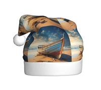aabkjgfr Sombrero de Papá Noel con estampado de barco en la playa, sombrero de Papá Noel suave y cómodo, adecuado para fiestas de Año Nuevo, en interiores y exteriores.