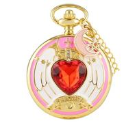 AAKG Reloj de bolsillo para niñas, piedra de corazón dorado + pequeños accesorios reloj de bolsillo, con cadena, para el día de San Valentín, uso diario, Luna Roja