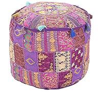 Aakriti Gallery - Funda de puf Bordada con reposapiés de algodón Indio Redondo, Funda otomana, Solo Funda (45,7 x 33 cm) (púrpura, 46 x 33 cm)