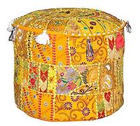 Aakriti Gallery - Puf Indio Aakriti con puf Bordado, algodón Indio, otomano, Funda de otomano con decoración étnica - Carcasa (Amarillo, 46 x 33 cm)