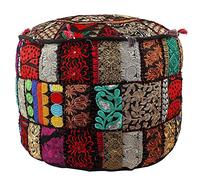 Aakriti Indian Pouf Footstool with Embroidery Pouf, Indian Cotton, Pouf, Ottoman Pouf Cover with Ethnic Decor Art - Cover (Black, 46x33 cms)