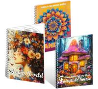 Aannanl 3 Mandalas Colorear Adultos,Libros para Colorear Adultos Mandalas, Mundo de las Flores, Temas de Casas de Cuentos de Hadas,A4 Libro Colorear Adultos con Espiral (Naranja)