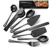 AARAINBOW Juego de utensilios de servir grandes, juego de 8 cubiertos de metal para fiestas, cucharas de acero inoxidable, tenedor, pinzas y cucharón para bufé, catering, chefs anfitrionas, negro mate
