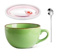 Aarcyye Taza de Café Grande, 700 ml Bol Grande de Cereales con Asa, Taza de Café de Cerámica, Ensaladera, Reutilizable Cuenco de Cerámica para Sopa Con Tapa y Cuchara, Para Cafeterías(Verde Hierba)