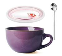 Aarcyye Taza de Café Grande, 700 ml Taza de Café de Cerámica, Bol Grande de Cereales con Asa, Reutilizable Ensaladera, Bol de Avena Con Tapa y Cuchara, Para Picnics(Morado)