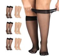 Aaronano 6 pares de calcetines hasta la rodilla para mujer, tallas grandes, medias de nailon, medias finas, calcetines negros, color piel transparente, 15 denier, Black+skin, Einheitsgröße Große