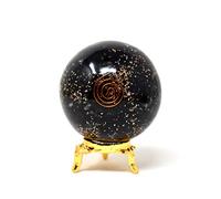 Aashita Creations Black Tourmaline Orgonite Sphere Ball with Holder - Natural Carved 50-60 mm