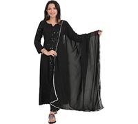 Aashita Creations - Vestido de trabajo hecho a mano de algodón Lucknowi Anarkali Kurti Chikankari con conjunto de dupatta para mujer, traje indio, Negro -, M