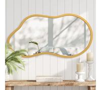 AAZZKANG Espejo asimétrico dorado con marco de madera, espejos de pared decorativos irregulares para dormitorio, vestidor, sala de estar, baño, entrada, pequeño