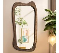 AAZZKANG Espejo de pared irregular grande con marco de madera, 70 x 40 cm, espejos colgantes asimétricos vintage para baño, dormitorio, sala de estar, entrada, color marrón