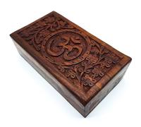 AB India Crafts Caja de madera hecha a mano tamaño M con símbolo de mantra Om Aum para guardar joyas | Espiritualidad Lifestyle India (tamaño M 17 x 9 x 5 cm, peso aprox. 300 g)