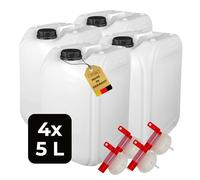 ABACUS® Bidón de agua natural de 5 litros, 4 unidades, bidón químico, grifo y tapa (DIN 51), apto para alimentos, interior y exterior, sin BPA, resistente a ácidos, con escala para leer el nivel de