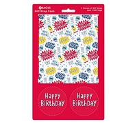 Abacus Cards 08772A "Birthday Monsters" - Paquete de papel de regalo con 2 hojas y 2 etiquetas, sin plástico y totalmente reciclable
