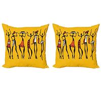 ABAKUHAUS África Set de 2 Fundas para Cojín, Incompleta del gráfico del bailarín, Impresión Digital a Doble Cara con Cremallera, 60 x 60 cm, Mostaza y Naranja