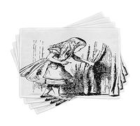 ABAKUHAUS Alicia en el país de Las Maravillas Salvamantel Set de 4 Unidades, Hada Aventura, Material Lavable Estampado Decoración de Mesa Cocina, Blanco Negro