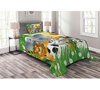 ABAKUHAUS Animal Cubrecama, Bonitos Animales en la Jungla Elefante Jirafa Panda Cerdo León Hipopótamo Caricatura, Material Resistente, 170 x 220 cm, Multicolor