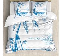 ABAKUHAUS Azul Blanco Ensemble de Housse de Couette, Surf Hawaiian Beach, Estampado Lavable, 3 Piezas con 2 Fundas de Almohada, 200 cm x 200 cm - 80 x 80 cm, Azul Blanco