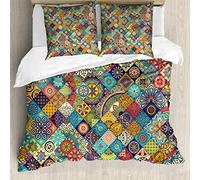 ABAKUHAUS Bohemio Ensemble de Housse de Couette, Cuadros Folk, Estampado Lavable, 3 Piezas con 2 Fundas de Almohada, 200 cm x 200 cm - 80 x 80 cm, Multicolor