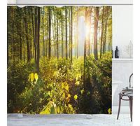 ABAKUHAUS Bosque Cortina de Baño, Los Rayos del Sol Maderas follaje, Material Resistente al Agua Durable Estampa Digital, 175 x 180 cm, Verde Amarillo de Brown