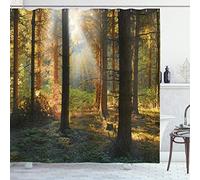 ABAKUHAUS Bosque Cortina de Baño, Puesta del Sol Oscura de árboles de Pino, Material Resistente al Agua Durable Estampa Digital, 175 x 240 cm, Naranja Verde