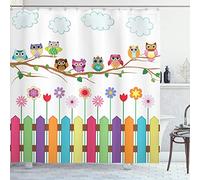 ABAKUHAUS búhos Cortina de Baño, Pájaro en la ramificación del día Soleado, Material Resistente al Agua Durable Estampa Digital, 175 x 200 cm, Multicolor