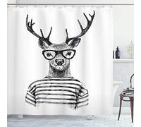 ABAKUHAUS Ciervo Cortina de Baño, Humano con Cabeza de Ciervo Bien Vestido Estilo Hipster Gafas Camisa Rayada, Material Resistente al Agua Durable Estampa Digital, 175 x 200 cm, Gris Blanco