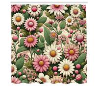 ABAKUHAUS Cortina de Ducha Floral, Romántico Jardín Delicado de Flores y Hojas Parecidas a Margaritas, Juego de Decoración de Baño de Tela con Ganchos, 175 x 200 cm, Reseda Verde Rosa