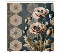 ABAKUHAUS Cortina de Ducha Vintage, Amapolas en Flor Nostálgicas con Detalles Trippy, Juego de Decoración de Baño de Tela con Ganchos, 175 x 200 cm, Salmón Pálido Verde Aguacate