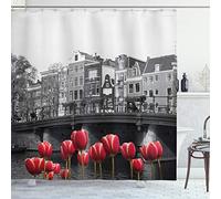 ABAKUHAUS En Blanco y Negro Cortina de Baño, Canal de Amsterdam, Material Resistente al Agua Durable Estampa Digital, 175 x 220 cm, Negro Blanco y Rojo