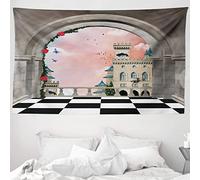 ABAKUHAUS Fantasía Tapiz, Castillo medieval Balcón, Decoración de pared para el dormitorio, la sala de estar y la residencia universitaria, 230 x 140 cm, Negro Blanco Gris