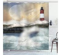 ABAKUHAUS Faro Cortina de Baño, Las Olas del mar tempestuoso, Material Resistente al Agua Durable Estampa Digital, 175 x 200 cm, Gris Azulado