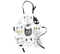 ABAKUHAUS Gato Delantal de Cocina, Gatos con Estilo Suaves Bigote Moño Sombrero Corona Pez Humor Rostros Gráfico, Lavable Resiste Grasa Suciedad Polvo Colores Duraderos, Amarillo