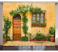 ABAKUHAUS Italia Cortinas, La Vida de la Ciudad en la Toscana, Sala de Estar Dormitorio Cortinas Ventana Set de Dos Paños, 280 x 225 cm, Albaricoque Verde Marrón