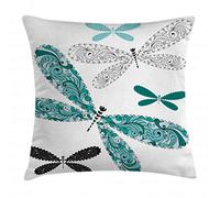 ABAKUHAUS Libélula Funda para Almohada, Líbelulas Figuras Ornamentales Encaje y Efectos de Damasco Imagen Artística, Material Lavable con Cremallera Colores No Destiñen, 60 x 60 cm, Turquesa