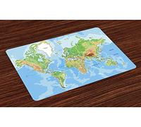 ABAKUHAUS Manteles Individuales Mapa del Mundo, Educación Topográfica, Tela Lavable, Decoración para Mesa de Comedor, Cocina, Impresión Digital, Azul Cielo Verde