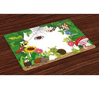 ABAKUHAUS Manteles Individuales para guardería, Mariposas Felices, Insectos, orugas, libélulas, telaraña, decoración de Mesa Hecha de Tela Resistente para el Comedor y la Cocina, Verde Multicolor