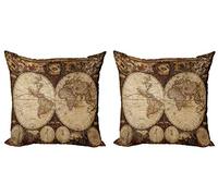 ABAKUHAUS Mapa del Mundo Set de 2 Fundas para Cojín, Atlas histórico Viejo, Estampado Digital en Ambos Lados y Cremallera, 50 x 50 cm, Marrón Topo