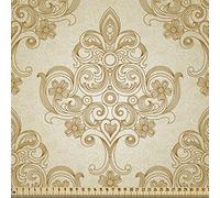 ABAKUHAUS Marfil Tela por Metro, Patrón Vintage Barroco con Flores Líneas Curvas Estilo Rococó Arte Adornado, Satén para Textiles del Hogar y Manualidades, 2M (148x200cm), Crema