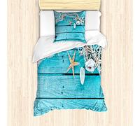 ABAKUHAUS Marítimo Ensemble de Housse de Couette, Los depósitos náuticas y Net, Decorativo Piezas con Funda de Almohada, 135 cm x 200 cm - 80 x 80 cm, Aqua y Tan